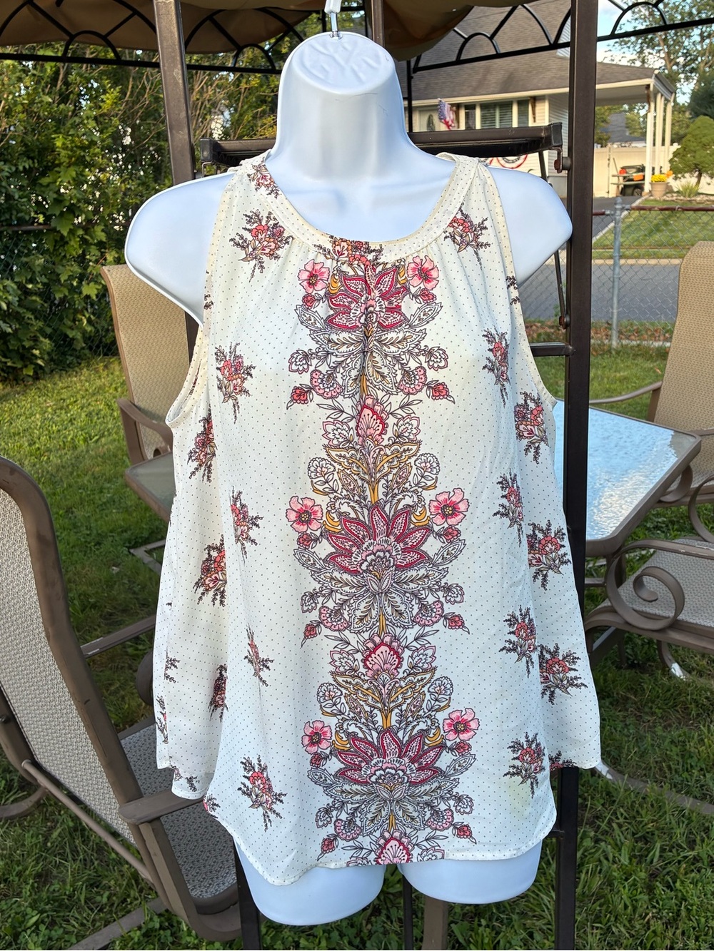 LOFT Cream Tank Top with Pink & Brown Floral Pattern